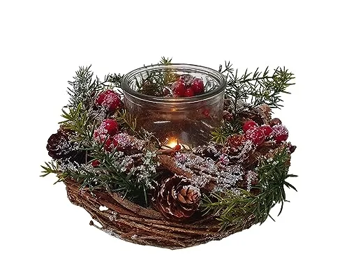 sesua Tischkranz Weihnachtskranz mit Glas Windlicht 22cm - Kunstkränze für eine festliche Atmosphäre, dekoriert mit roten Beeren und Tannenzapfen – ideal für stilvolle Tischarrangements in der Weihnachtszeit.