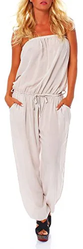 malito Damen Jumpsuit - Leo-Print mit Carmen Ausschnitt - Jumpsuit für Damen, stylisch und bequem mit luftigem Carmen-Ausschnitt – perfekt für Sommer, Urlaub und Freizeit. Hoher Tragekomfort durch 95% Viskose und praktische Taschen.
