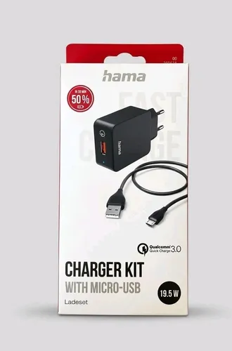 HAMA Schnellladegerät mit Ladekabel Micro-USB, 19,5 W, Schwarz - Ladegeräte: Ultra-schnelles Laden mit Qualcomm® Quick Charge™ 3.0 für Smartphones und Tablets, 1,5 m Kabel, sicherer Schutz und kompaktes Design für unterwegs.