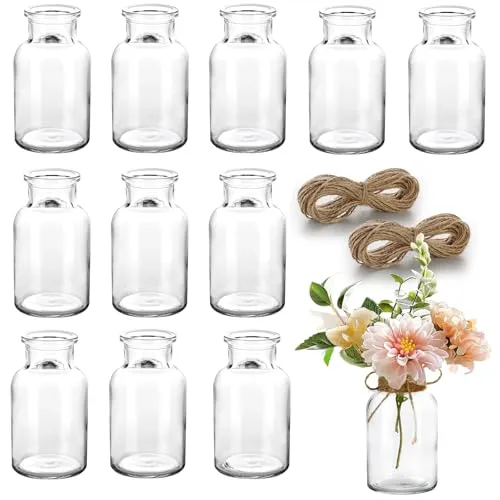 Otauoaea 12 Stück Mini Glasvasen, 130ml Kleine Vasen für Tischdeko Hochzeit Deko Vasen Set mit 2 * 8m Juteschnur, Kleine Glasvasen, Glasfläschchen Tischdeko Mittelstücke