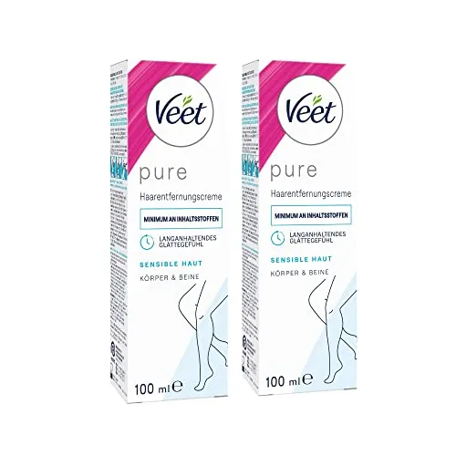 Veet Pure Haarentfernungscreme - 2er Pack - für Körper, Arme & Beine - Enthaarungscreme für sensible Haut - Minimum an Inhaltsstoffen & angenehmer Duft - 2 x 100 ml