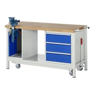Werkbank mit Fahrgestell 8183 - B1500xT700xH880mm - Robuste Werkbank mit 40mm Buche-Massiv-Arbeitsplatte, 3 Schubladen und einem stabilen Fahrgestell. Ideal für professionelle Werkstätten und Heimwerker, belastbar bis 1.250 kg.