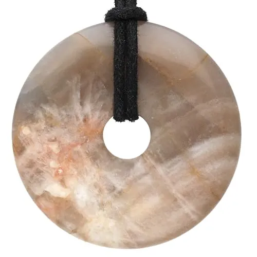Lebensquelle Plus Edelstein Donut Ø 40 mm + Baumwollband + Edelsteinkarte | Naturstein Anhänger Halskette | Echte Heilsteinkette inkl. Band (Mondstein)