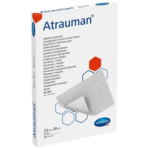 Atrauman 7,5 x 10 cm Steril Kompressen (10 Stk.) - Wirkstofffreie Salbenkompressen für eine sanfte Wundbehandlung. Das spezielle Material sorgt für einen atraumatischen Verbandwechsel und vermeidet das Verkleben mit der Wunde.
