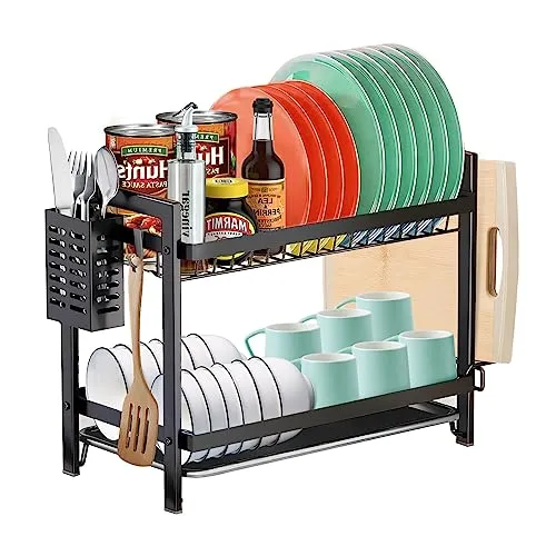 MXTIMWAN Abtropfgestell Geschirr, 2 Ebenen Geschirrabtropfgestell, Geschirrtrockner mit Utensilienhalter und Abtropfschale, Schneidebretthalter,Geschirrkorbs, Geschirrablage für Küche, Schwarz