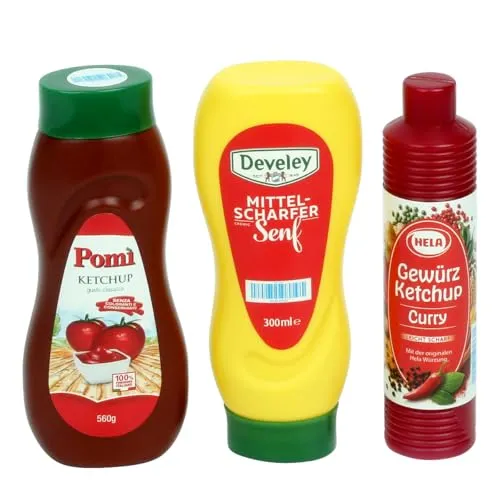 tanner DER KLEINE KAUFMANN TANNER Deco - Saucen Set, mini Kunststoffflaschen mit Pomi Ketchup, Develey Senf und Hela Gewürzketchup, für Kaufmannsladen, lebensmittelechtes Design, 0066.5