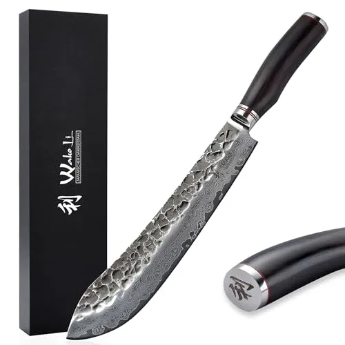 Wakoli EBO Premium Damast Blockmesser 25 cm - Profi Kochmesser aus 67 Lagen Damaststahl - Kochmesser aus Damaststahl mit 25 cm Klinge und ergonomischem Griff aus schwarzem Eichenholz, ideal für präzises Schneiden von Fleisch und Fisch.