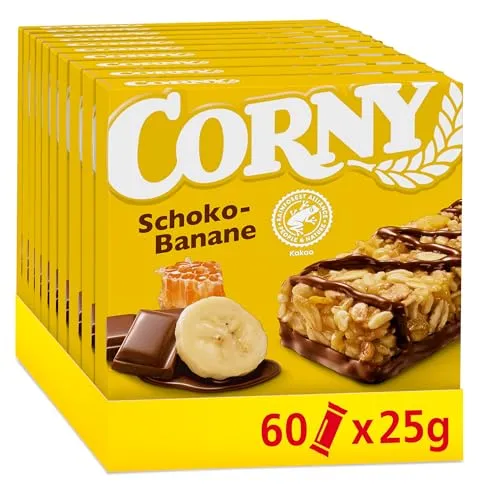 Corny Classic Schoko-Banane Müsliriegel 60x25g - Müsliriegel mit zartschmelzender Schokolade und süßen Bananen, ideal für Snacks unterwegs – ohne Farbstoffe und Konservierungsstoffe, perfekt für Schule, Büro und Freizeit.