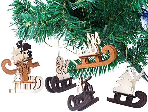 BRUBAKER 6-teiliges Set Schlitten Holzanhänger - Baumschmuck für den Weihnachtsbaum - Weihnachtsanhänger Christbaumschmuck aus natürlichem Holz