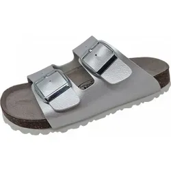 Fischer-Markenschuh Hawaii Pantolette mit Fleecefutter in Silber (Gr. 33) - Stilvolle Pantolette aus Lederimitat mit gepolstertem Fußbett und verstellbaren Schnallen. Ideal für den Alltag, bietet angenehmen Tragekomfort und rutschhemmende Sohle.