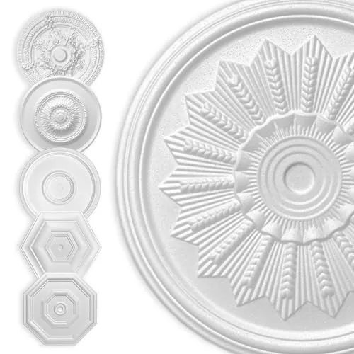 HEXIM Stuckrosette Styropor EPS weiß, Deckenrosette rund & eckig, Innendekor für Decke & Wand, Stuckrosette Lampe Wanddekoration Schlafzimme, Barock (40x40 cm Sonne)