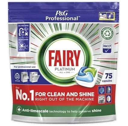 Fairy Professional Platinum Spülmaschinenfest 75 Kapseln - All-in-1 Geschirrspültabs für makelloses Geschirr, entfernt hartnäckige Verschmutzungen 2X schneller und schützt Glas sowie Silberbesteck.