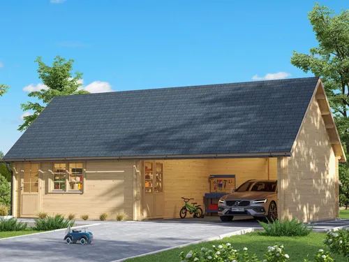 Fjordholz Holzgarage mit Carport Modell Claus 70 - Massive Holzgarage mit Carport aus nordischer Fichte, 70mm Wandstärke und stabiler Dachkonstruktion. Ideal für Garten und Fahrzeugunterbringung. Individuelle Anpassungen in Größe und Ausführung möglich.