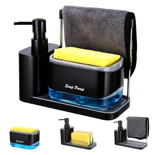 Zawaer Spülmittelspender Küche Set, Seifenspender K üche mit Tablett und Schwammhalter,Waschmittel Wiederbefüllbar,Geeignet für Küchenspüle