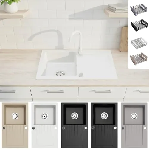 Faizee Möbel Granitspüle 76x44 Hochwertig beidseitig Montierbar Küchenspüle Granit inkl.Siphon Set (Mit Spülkorb, Weiß)
