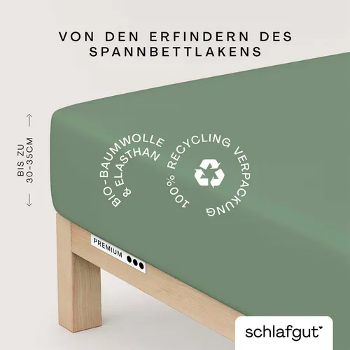 Schlafgut Spannbettlaken Premium, Mako-Zwirn-Jersey, grün - Hochwertiges Bettlaken in Premium-Qualität, passend für Matratzen bis 30 cm Höhe, umweltfreundlich verpackt und pflegeleicht bei 60°C waschbar.