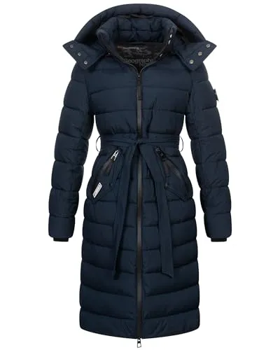Geographical Norway Damen Winter Jacke Mantel Parka Steppjacke Steppmantel Wintermantel Lange Jacke 2 wege Reisverschluss Kapuze abnehmbar Produktion H-H, Farbe:Navy, Größe:M 38