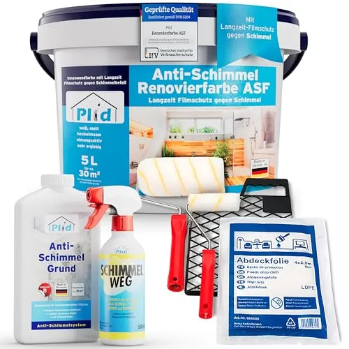 Anti-Schimmelfarbe Set 5L - Schimmelresistente Farbe für Feuchträume - Farben für Innenräume, idealer Schutz gegen Schimmel mit schnelltrocknender, hochdeckender Formel. Deckt bis 30 m² mit nur einer Schicht.