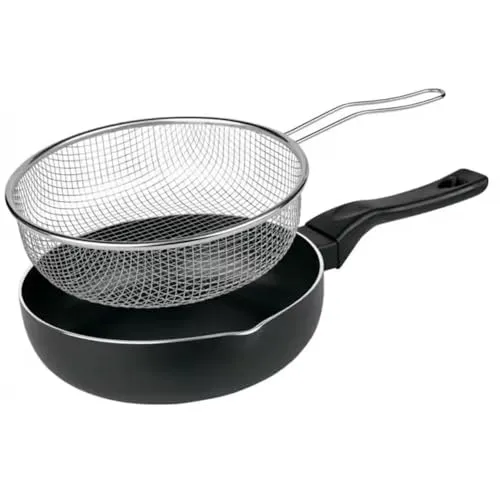 LS Kitchen - Fritier-Bratpfanne mit Antihaftbeschichtung - Frittierpfanne - Pfanne mit Frittierkorb - Topf zum Frittieren von Pommes-Frites, Calamares - Frittiertopf - Pfanne mit Frittierkorb - 24 cm