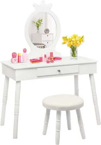 Goplus Kinder Schminktisch mit Hocker und Spiegel - Vielseitiger Frisiertisch für das Kinderzimmer - Der Goplus Kinder Schminktisch mit Hocker vereint Spielspaß und Funktionalität. Ideal als Schminktisch oder Schreibtisch, bietet er mit einer praktischen Schublade und einem abnehmbaren Spiegel viel Platz für kreative Entfaltung.