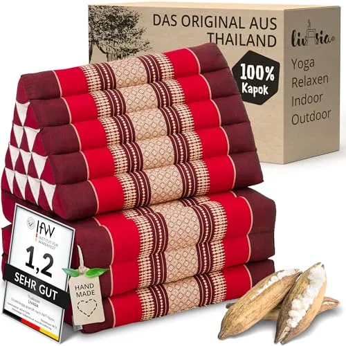 livasia Thaikissen 3 Auflagen extrahoch - 185x55x8cm - Faltbares Dreieckskissen in Rubinrot - Erlebe entspannende Momente mit dem livasia Thaikissen. Die extrahohe Rückenstütze und die praktische Klappmatratze bieten Komfort für Yoga, Meditation und mehr. Ideal für drinnen und draußen – für eine gemütliche Auszeit!