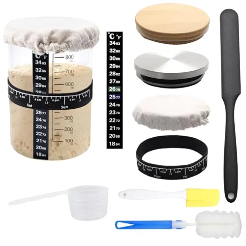 10Pcs Sauerteig Starter Set 900ml Gärglas mit Holz- & Edelstahldeckel, Stoffhut, Gummiband, Thermometerpapier, Silikonspatel, für Brotbacken und Fermentieren