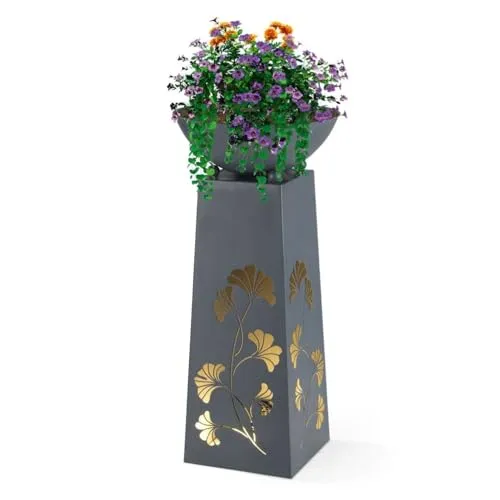 Hoberg Dekosäule LED Pflanzsäule im Ginkgoblätter-Design - Blumenhocker für In- und Outdoor mit integrierter Beleuchtung, kabellos und 6h Timer für stimmungsvolle Akzente.