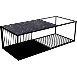 OKWISH Moderner Couchtisch mit Marmorplatte und gehärtetem Glas, Eisenrahmen, Bodenregal und Drahtdetails, kompakt und stilvoll, 110x48x35 cm, Schwarz
