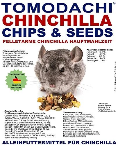 Chinchillafutter, Chinchillanahrung, wenig Pellets, viel Gemüse, Komplettnahrung für Chinchilla, leckere, artgerechte, ausgewogene Futtermischung für Chinchilla,Tomodachi Chinchillafutter, 5kg Sack