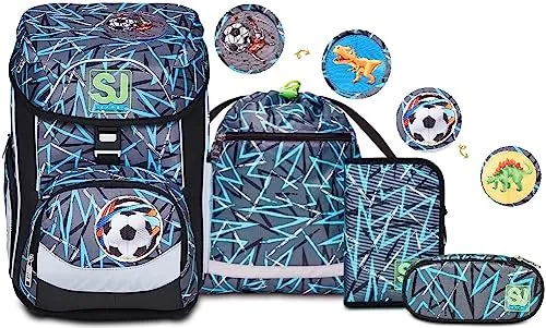 SJ Schulranzen Set 4-teilig – Ergonomischer Rucksack für die Grundschule, blau/schwarz