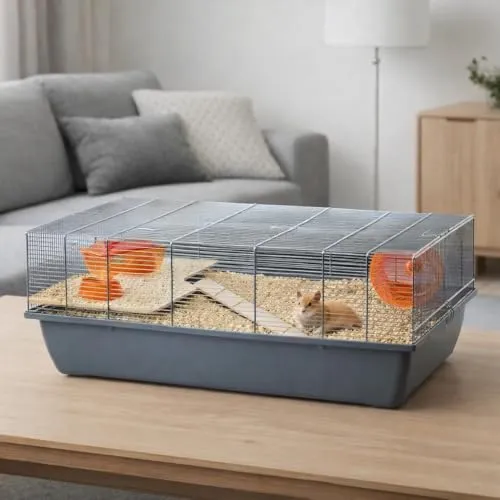 Ollesch Mäusekäfig 78x47x30cm - Ideal für Hamster & Nager - Käfige & Laufställe für Kleintiere, geräumiger Käfig in Grau mit umfangreichem Zubehör für ein artgerechtes Zuhause.