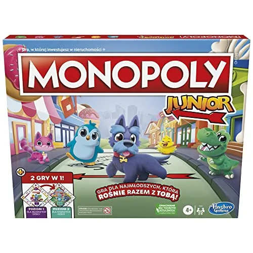 Monopoly Junior Brettspiel 2-seitiges Board, 2 Spiele in 1, Monopoly Spiel für jüngere Kinder, Kinderspiele, Junior Spiele (polnische Version)