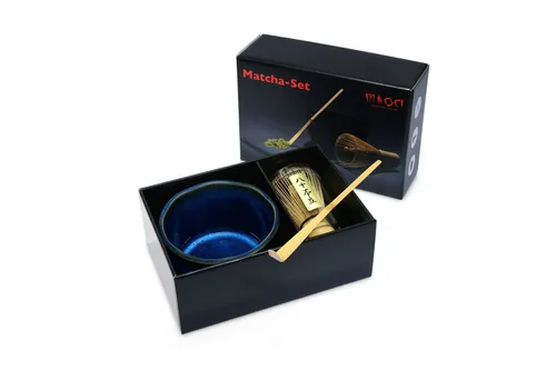 MAOCI Teeschale Matchaset, 3-tlg. Set in Blau und Schwarz - Teeschalen Set für die perfekte Matcha-Zubereitung, inklusive Matchaschale mit edler reaktiver Glasur, Matchabesen und Löffel im Geschenkkarton – ein stilvolles Highlight für Teeliebhaber.