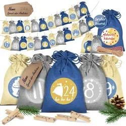 KESSER® Adventskalender zum Befüllen 24 Jutebeutel Gedruckte Stoffbeutel Kinder Weihnachtskalender zum Selber Befüllen Inkl.. 24x Schildchen + 1... - Blau