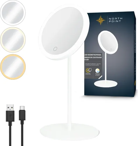 LED Akku Kosmetikspiegel - 5-fach Vergrößerung mit 3 Lichtfarben - Eleganter LED Kosmetikspiegel mit 5-facher Vergrößerung und stufenlos dimmbarer Beleuchtung. Ideal für präzises Schminken und Rasieren. Robustes Metallgehäuse und kabellose Freiheit dank wiederaufladbarem Akku.