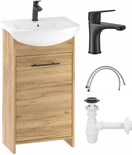 Badezimmerschrank-Set aus goldener Eiche 45 cm mit Waschbecken, Wasserhahn und Siphon Frigo