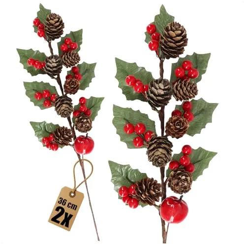 com-four® 2X Mistelzweig mit Apfel - Weihnachtsgesteck zum Schmücken für den Tisch, Adventskränze - Adventsgesteck - Deko für Adventsgesteck 36 x 13 x 8 cm