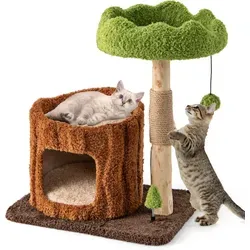 COSTWAY Kratzbaum mit Katzenhöhle - Kratzbäume: Multifunktionaler Katzenturm mit breiter Liegefläche und gemütlicher Höhle, ideal für Entspannung und Spiel. Strapazierfähige Sisal-Kratzsäule und hängender Ball sorgen für Unterhaltung und Krallenpflege.