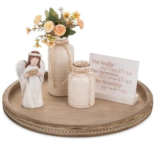 Hanobe Deko Tablett Serviertablett Groß: Braun Vintage 45cm Holztablett Rund mit Perlen Rand Rustikal Dekotablett Shabby Kerzentablett für Home Ottoman Wohnzimmer Küche Tisch