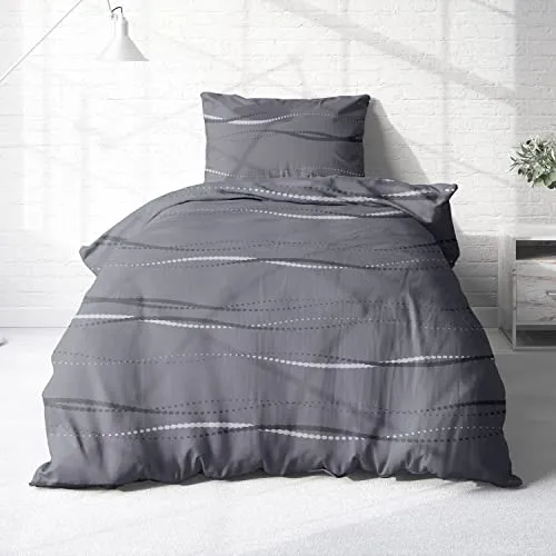 Träumschön Biber Bettwäsche Set 2tlg – Flauschige Winterbettwäsche in Anthrazit - Bettwäsche-Sets aus 100% Baumwolle, atmungsaktiv und hautfreundlich, für einen erholsamen Schlaf in stilvollem Wellen Design.