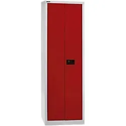 BISLEY Stahlschrank Universal E782A04B6506 - Flügeltürenschrank aus robustem Stahl, ideal für Werkstätten und Büros. Mit abschließbarem Zylinderschloss für Sicherheit und eleganter lichtgrauer und kardinalroter Farbkombination.