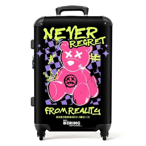 NoBoringSuitcases.com© Hartschalen-Trolley 'Never Regret' mit Teddybär-Graffiti - Trolley für Handgepäck, 4 leise 360° Rollen und wasserabweisendes Material, ideal für stylische Reisende.