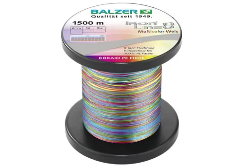 Balzer Ironline Catfish Multicolor - 1500m geflochtene Wallerschnur - Hochwertige 1500m geflochtene Wallerschnur mit 8-fach Flechtung für maximale Tragkraft. Die Schnur wechselt alle 10m die Farbe, was sie für Angler besonders sichtbar macht. Ideal für das Wallerangeln.