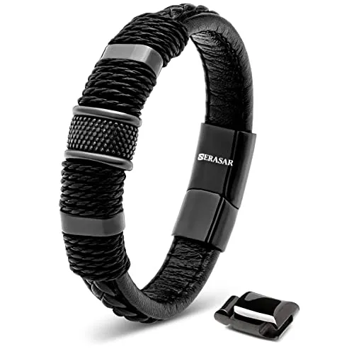 SERASAR Herrenarmband Leder 23cm Schwarz - Elegantes Armband für Männer - Armbänder für Herren - Hochwertiges Echtlederarmband mit poliertem Edelstahl und starkem Magnet-Verschluss, ideal als stilvolles Geschenk in einer eleganten Schmuckschachtel.