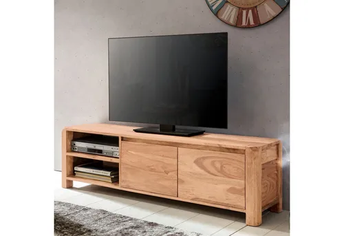 FineBuy Lowboard Massivholz 140 cm - TV-Board im Landhaus-Stil - TV-Halterungen: Handgefertigter Fernsehschrank aus Akazie Massivholz, einzigartiges Design mit natürlicher Holzmaserung und ausreichend Stauraum für Hifi-Geräte.