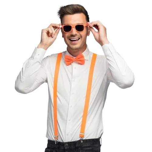 Boland Kostümset 3-teilig - Hosenträger, Brille und Fliege in Neonorange, vielseitig für Karneval, Festivals und Mottopartys