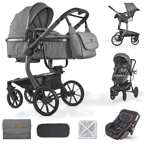 BRONEA UNICO Kinderwagen 3-in-1 Komplettset Inkl. Auto-Babyschale und Matratze für Babywanne | Auch als Buggy | Zusammenklappbar mit Wickeltasche, Regenschutz, Mückenschutz & Sonnenschutz - Grau/Grau