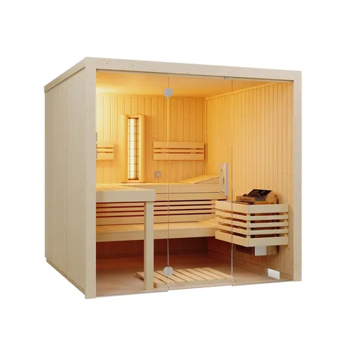 Infraworld Sauna Panorama Complete Fichte 210x210x203cm - Geräumige Saunakabine aus Fichte mit ABC-Strahler, ideal für entspannende Wellness-Momente und hochwertige Verarbeitung.