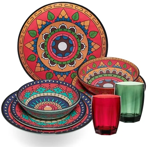 Melamin Geschirr Set Toskana Deep für 2 Personen - 8 Teile - Rot-Grün - Mandala-Optik mit farblich passenden Trinkgläsern 320 ml Zubehör Campinggeschirr Wohnwagen Camping Festival Picknick Gartenparty