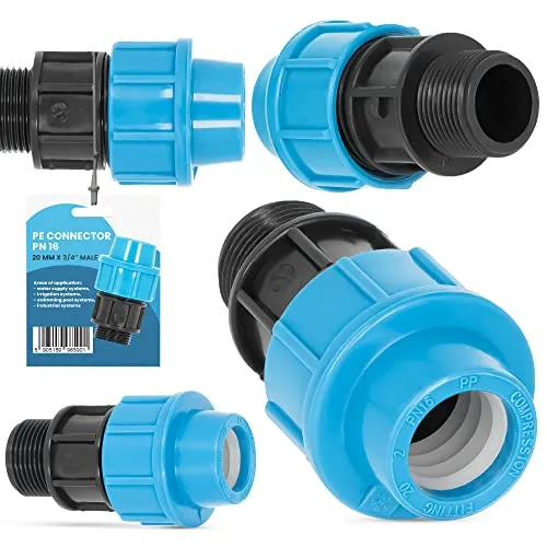PE Rohr Kupplung Verschraubung PN16 (20 mm x 3/4'' AG) Klemmverbinder Verlegerohr Fitting Wasserrohr Verbinder Garten Wasserleitung Bewässerungssystem Versorgungsleitung Pipeline Sprinklersystem